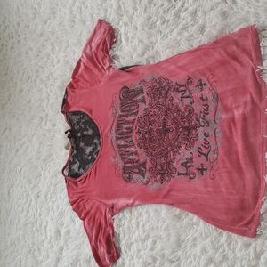 Affliction 3/4 sleeve Tshirt, red, size Large, lace back